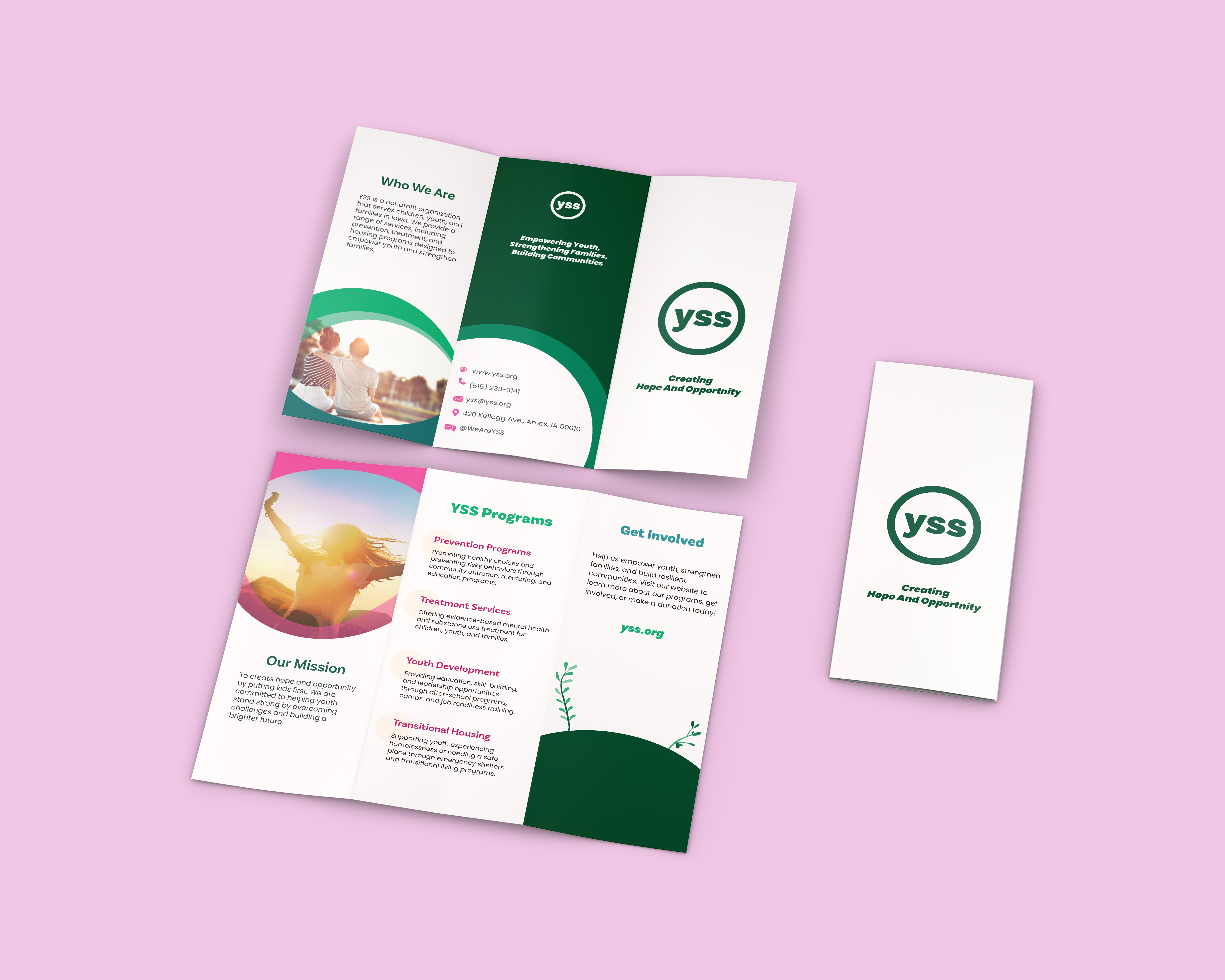 Mockup of a brochure design for YSS rebrand